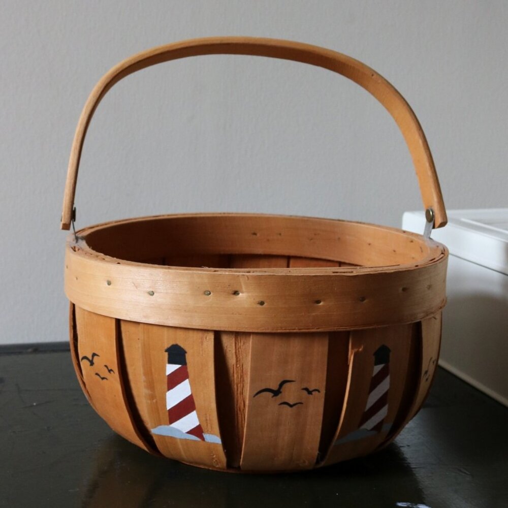 Vintage Coastal Lighthouse Bushel Basket, Nautical Easter Basket
